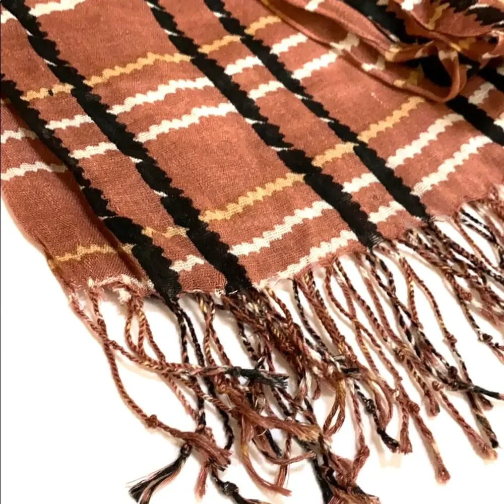 Pure cotton scarf wrap shawl dark rose cream & black plaid fringed unisex